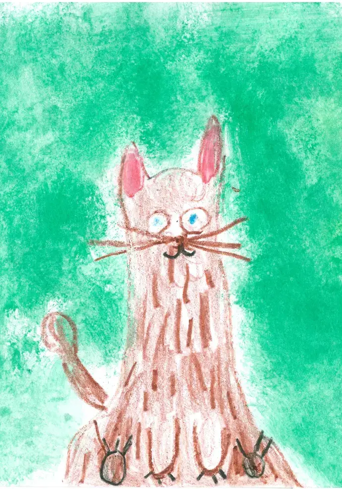Wir scannen bis A3. Kinderzeichnung zeigt eine braune Katze vor grünem Hintergrund